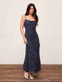 Cider - Mesh Polka Dot Women's Lace Panel Mermaid Maxi Dress Navy Blue