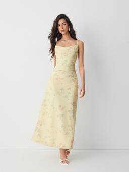 Cider - Mesh Polka Dot Women's Lace Panel Mermaid Maxi Dress Yellow