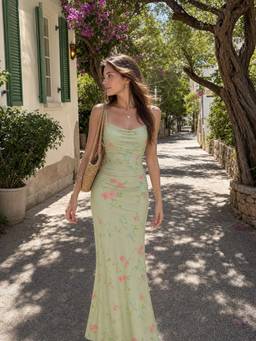 Cider - Mesh Floral Women's Lace Panel Mermaid Maxi Dress Green