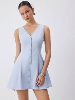 Cider - Linen Blend Women’s V-Neck Button-Front A-Line Mini Dress Blue
