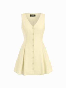 Cider - Linen-Blend Women’s V-Neck Button Through Tie-Back Mini Dress Yellow
