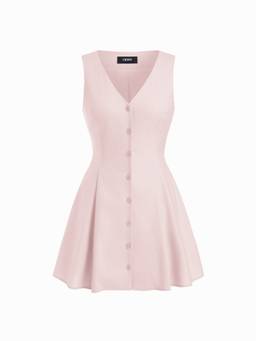 Cider - Linen Blend Women's V-Neck Button Through A-Line Mini Dress Pink