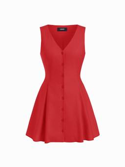 Cider - Linen-Blend Women’s V-Neck Button-Through A-Line Mini Dress Red