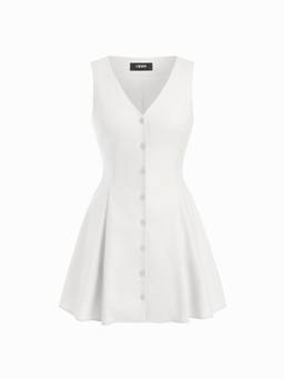 Cider - Linen Blend Women’s V-Neck Button-Through Tie-Back Mini Dress White