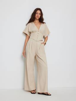 Cider - Linen-Blend Women Ruched V-Neck Wide-Leg Jumpsuit Beige