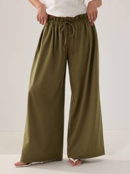 Cider - Women's Low Rise Drawstring Elastic Waist Wide Leg Trousers Olive