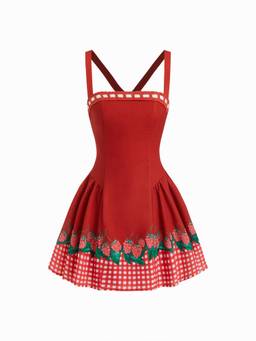 Cider - Gingham Fruit Print Women's Crisscross Back Mini Dress Red