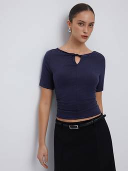 Cider - High Stretch Women’s Boat Neck Cut-Out Ruched Tee Navy Blue