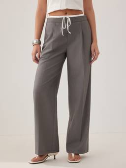 Cider - Drawstring Pleated Women's Mid-Waist Straight Trousers Grey