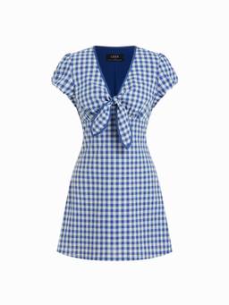 Cider - Twist Knotted Women’s V-Neck Puff Sleeve A-Line Mini Dress Navy Blue