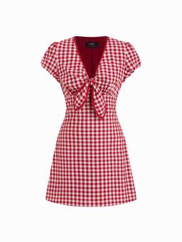 Cider - Gingham Women's V-Neck Puff Sleeve A-Line Mini Dress Red