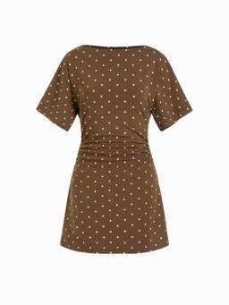 Cider - Ruched Women's Boat Neck Short Sleeve A-Line Mini Dress Brown