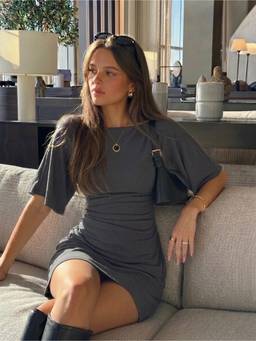 Cider - Ruched Women's Boat Neck Short Sleeve A-Line Mini Dress Grey