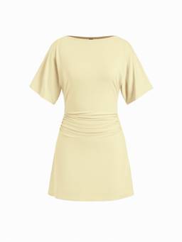 Cider - Ruched Women's Boat Neck Short Sleeve A-Line Mini Dress Yellow
