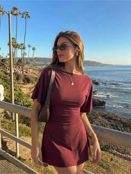 Cider - Ruched A-Line Women's Boat Neck Half Sleeve Mini Dress Wine