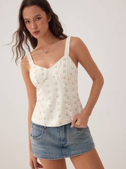 Cider - Floral Women's Sweetheart Neck Tie-Up Tank Top Beige