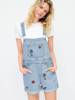 Cider - Washed Women's Embroidered Oversized Denim Dungarees Mid Blue