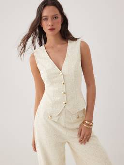 Cider - Cotton Blend Women Textured V-Neck Waistcoat Beige