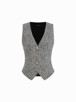 Cider - Textured Women’s V-Neck Metal Button Blazer Vest Black