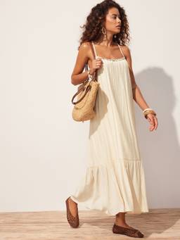 Cider - Braided Strap Women's Shell Detail Ruffle Hem Maxi Dress Beige