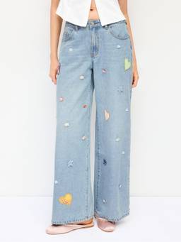 Cider - Denim Women's Low-Rise Applique Wide-Leg Jeans Blue