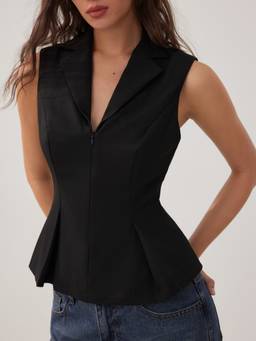Cider - Zippered Women V-Neck Waistcoat Blazer Vest Black