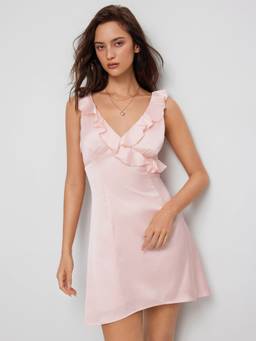 Cider - Satin Ruffle Women Backless V-Neck A-Line Mini Dress Pink