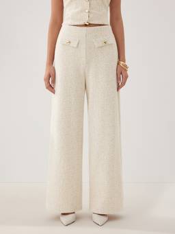 Cider - Textured Women Mid-Waist Wide-Leg Trousers Beige