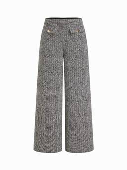 Cider - Textured Women's Mid-Waist Wide-Leg Trousers Black