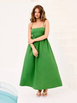 Cider - Linen Blend Women's Tie-Back Flared Maxi Dress Green