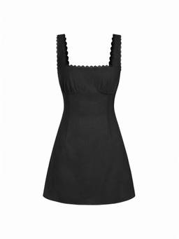 Cider - Textured Women's Square Neck Lace Trim A-Line Mini Dress Black