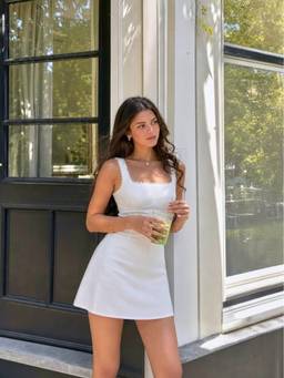 Cider - Textured Women's Square Neck Lace Trim A-Line Mini Dress White