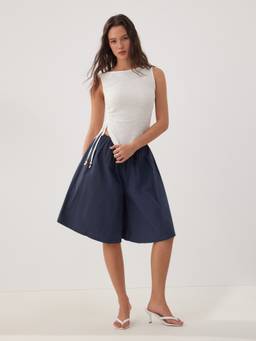 Cider - Women's Mid-Rise Drawstring Oversized Bermuda Shorts Navy Blue