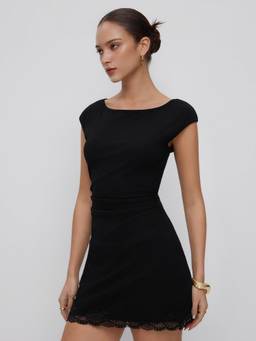 Cider - Cotton Blend Women’s Ruched Boat Neck A-Line Mini Dress Black