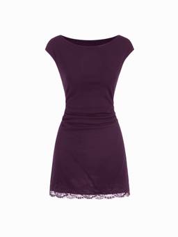 Cider - Cotton Blend Women Ruched Lace A-Line Mini Dress Purple