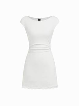 Cider - Cotton-Blend Women's Boat Neck Ruched Lace A-Line Mini Dress White