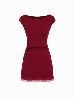 Cider - Cotton Blend Women Ruched Lace A-Line Mini Dress Wine