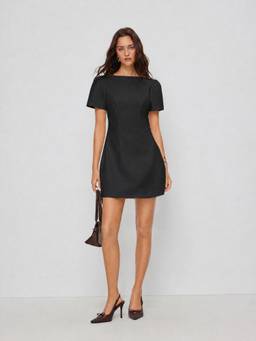 Cider - Women's Puff Sleeve Round Neck Mini Straight Dress Black