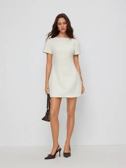 Cider - Women's Puff Sleeve Round Neck Mini Straight Dress White