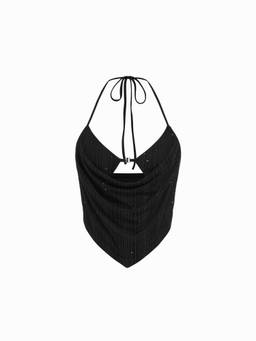 Cider - Metallic Textured Women Halter Neck Cowl Crop Top Black