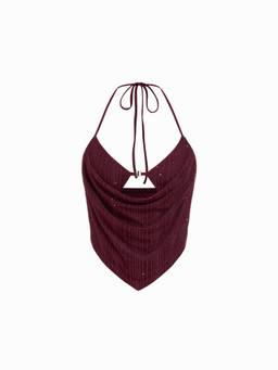 Cider - Metallic Textured Women Sweetheart Halter Neck Crop Top Burgundy