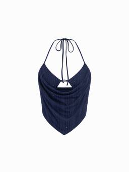Cider - Metallic Textured Women Sweetheart Halter Neck Crop Top Indigo