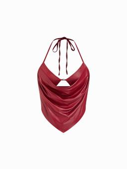 Cider - Metallic Textured Women Sweetheart Halter Neck Crop Top Wine