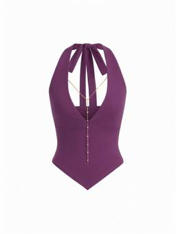 Cider - High Stretch Women’s Halter Neck Chain Detail Crop Top Berry
