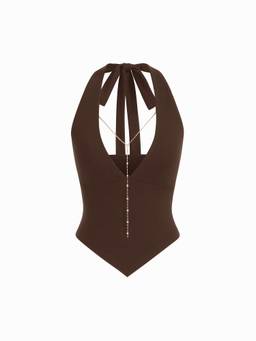 Cider - High Stretch Women Halter Neck Chain Detail Crop Top Brown
