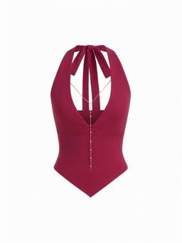 Cider - High Stretch Women’s Halter Neck Chain Detail Crop Top Burgundy
