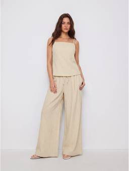 Cider - Striped Women's Square Neck Sleeveless Pant Set Beige