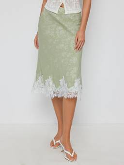 Cider - Jacquard Women's Floral Lace Trim Mermaid Midi Skirt Green