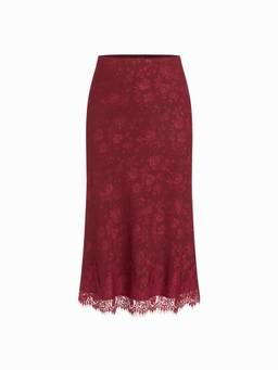 Cider - Jacquard Women’s Floral Lace Trim Mermaid Midi Skirt Wine