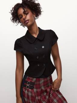 Cider - Peter Pan Collar Women's Puff Sleeve Double Breasted Blouse Black